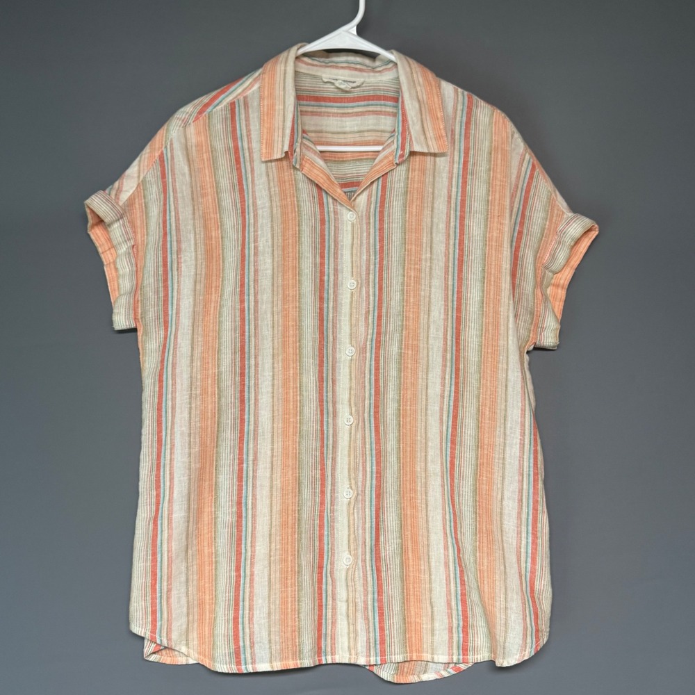 Beach Lunch Lounge Womens Linen Cotton Striped Short Sleeve Button Down Shirt M